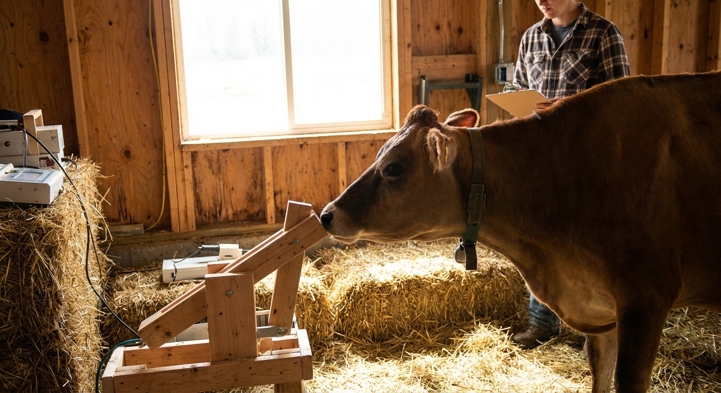 소가 레버를 조작하는 학습 실험 장면