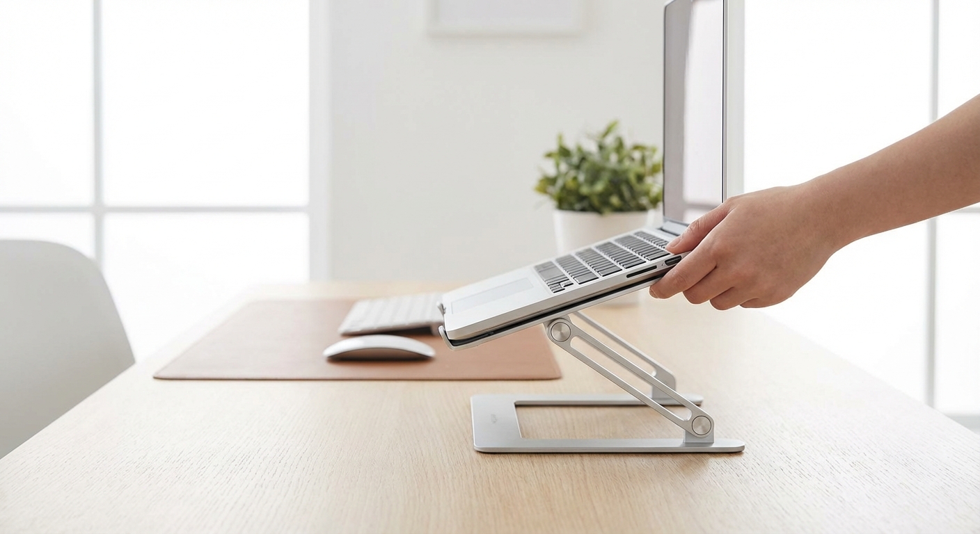 노트북 거치대 위에 올려진 노트북과 각도 조절 모습