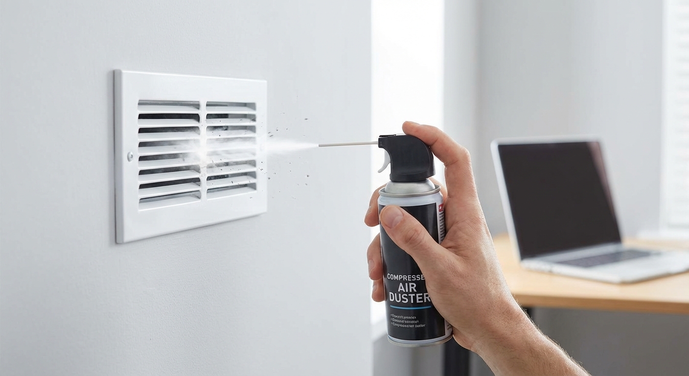 에어 더스터로 통풍구 청소하는 모습