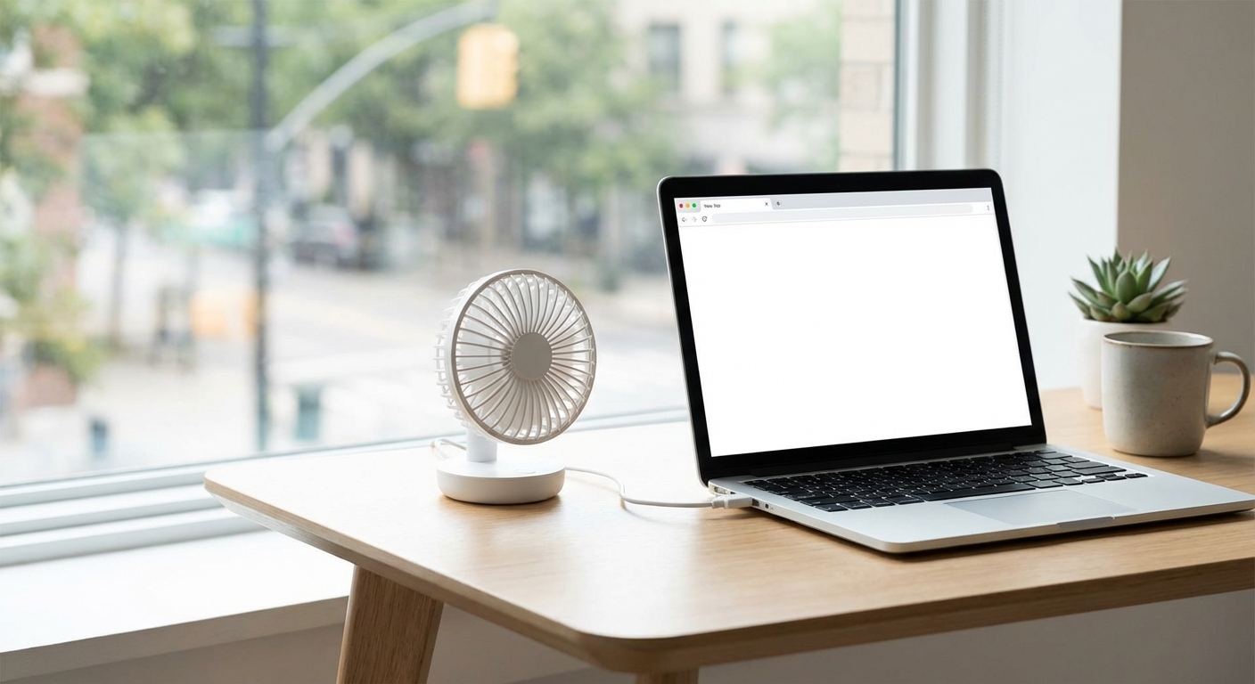 창가 책상에 배치된 노트북과 USB 선풍기