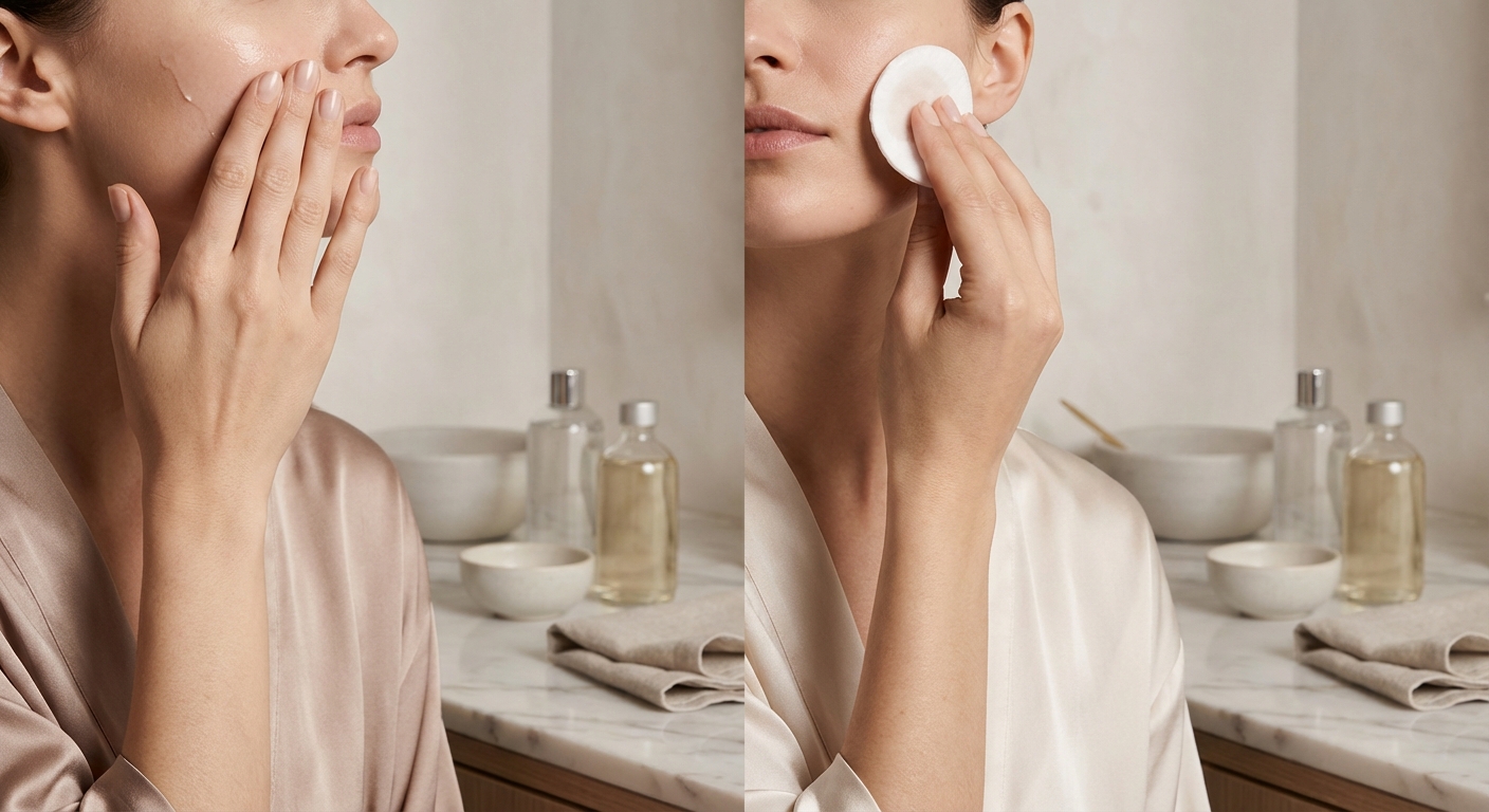 손과 화장솜으로 스킨을 바르는 비교 이미지
