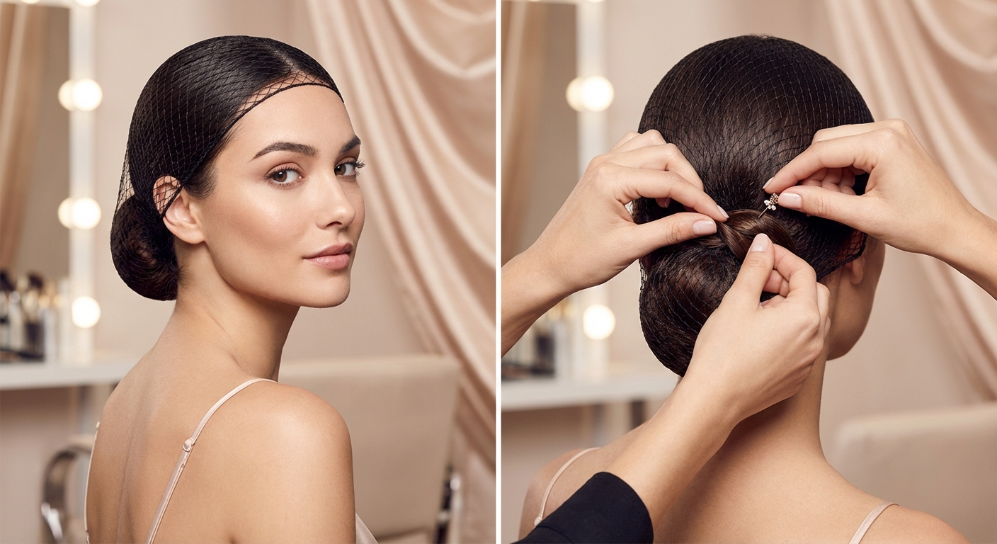 헤어넷 착용 모습과 본머리 고정 과정