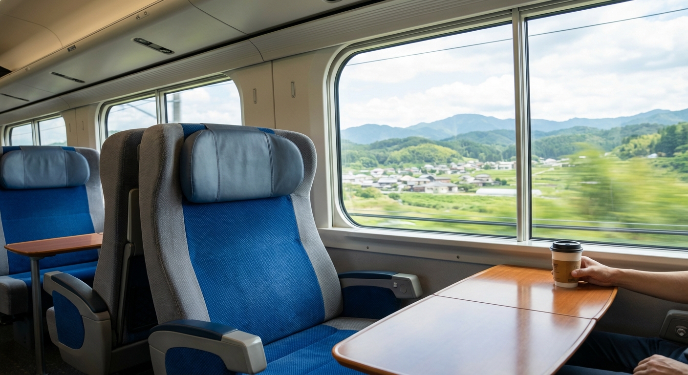 신칸센 좌석 내부와 창밖 풍경