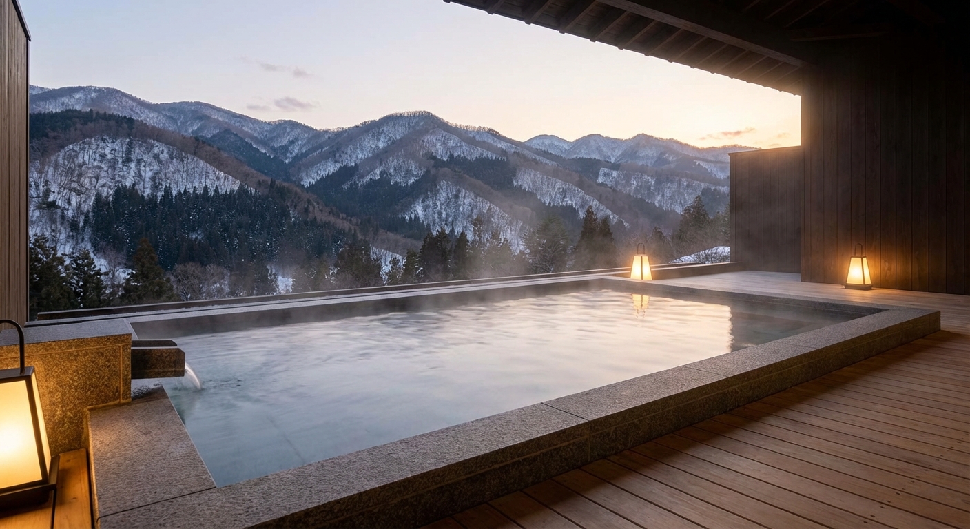 노천 온천과 산 풍경