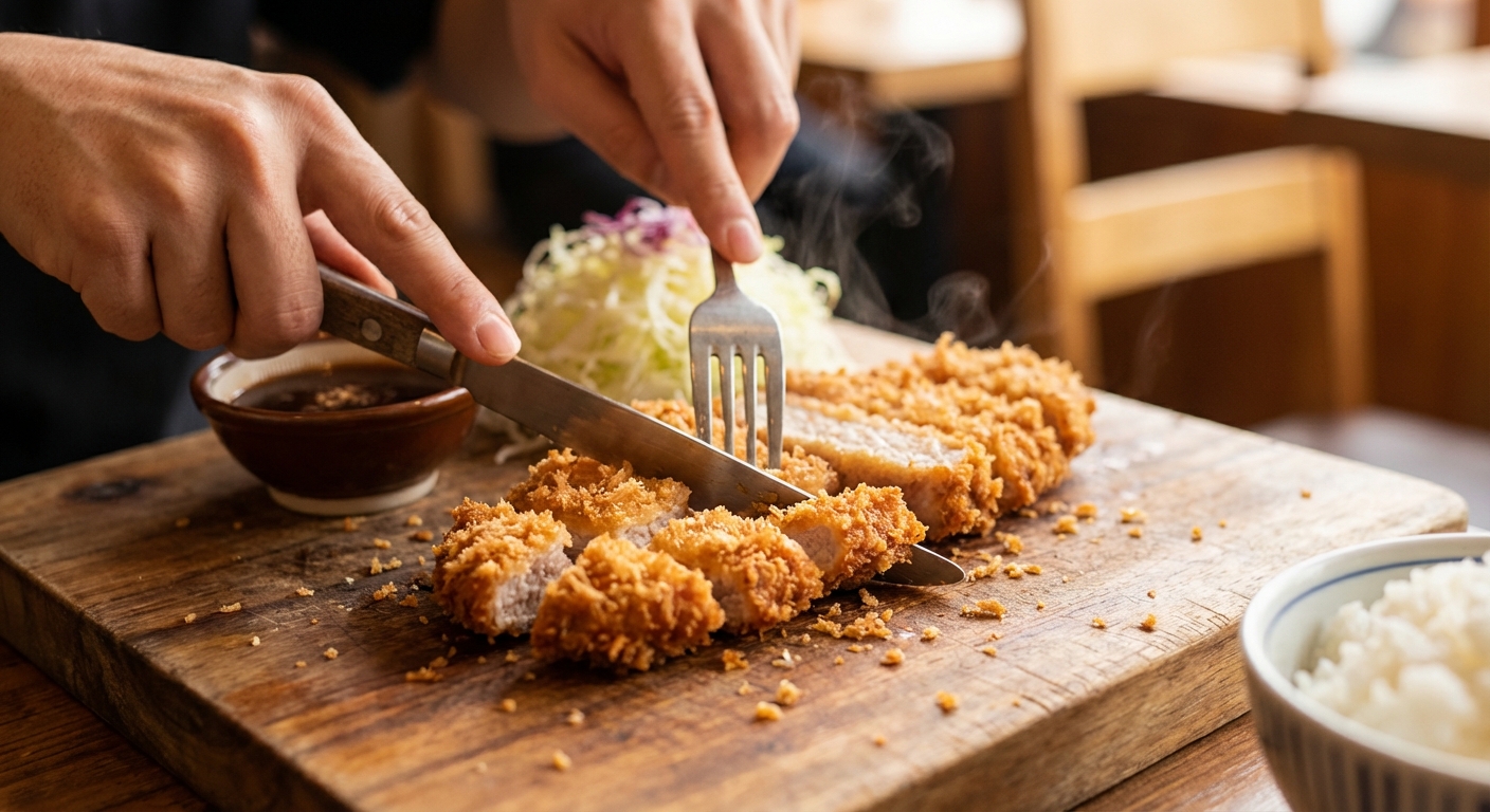 돈가스를 한입 크기로 자르는 모습