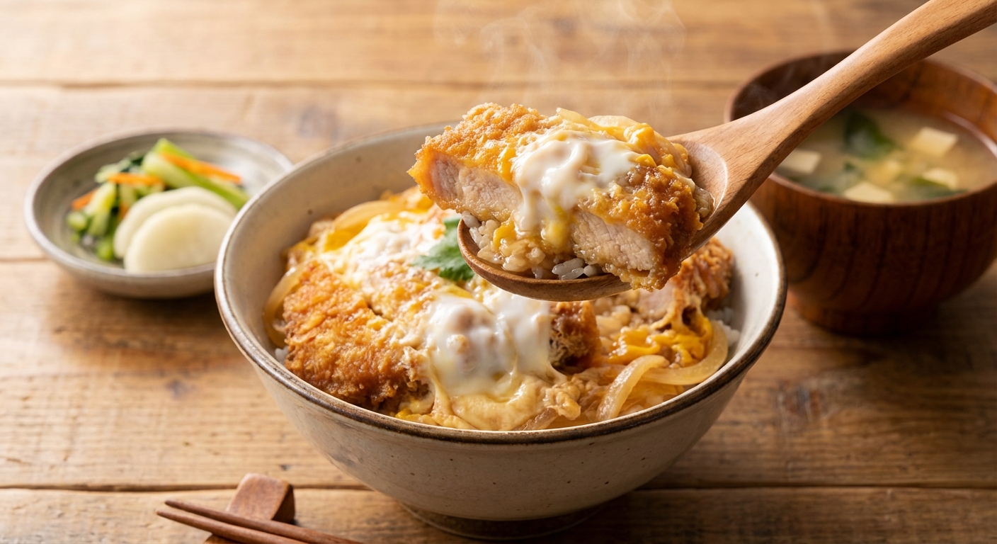 완성된 가츠동을 숟가락으로 뜨는 모습