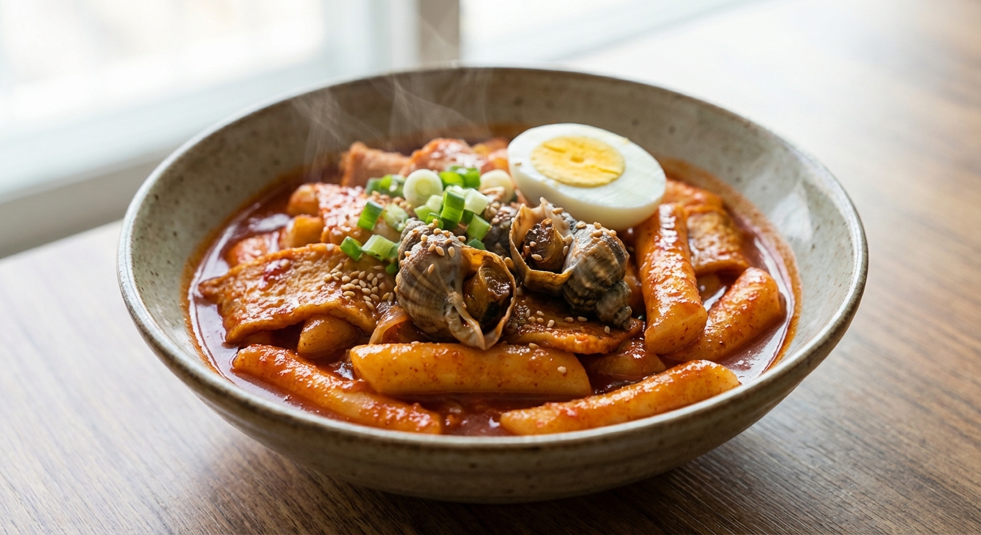 빨간 양념에 버무려진 골뱅이떡볶이 클로즈업