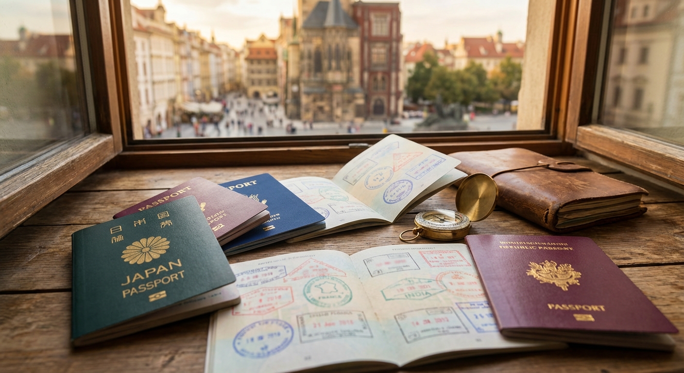 다양한 국가의 여권과 입국 스탬프