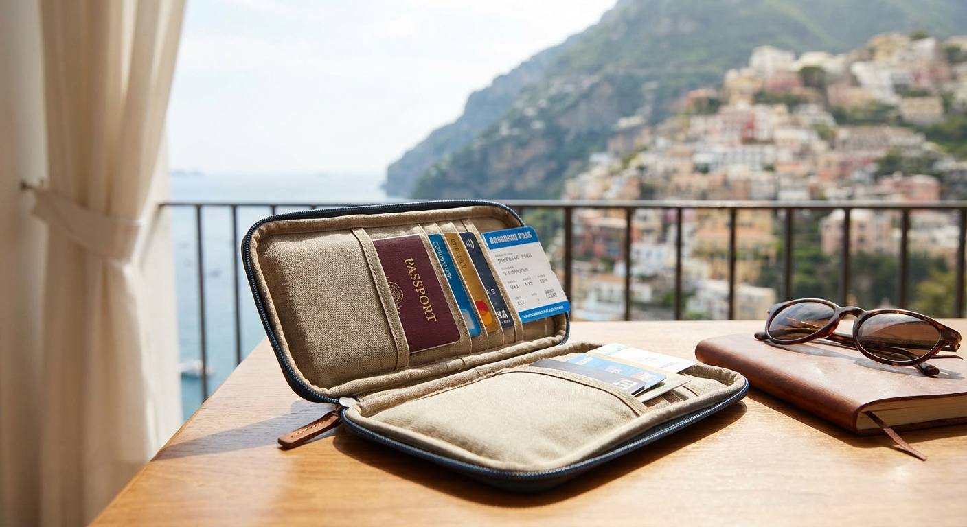 여행용 파우치에 정리된 여권과 카드들