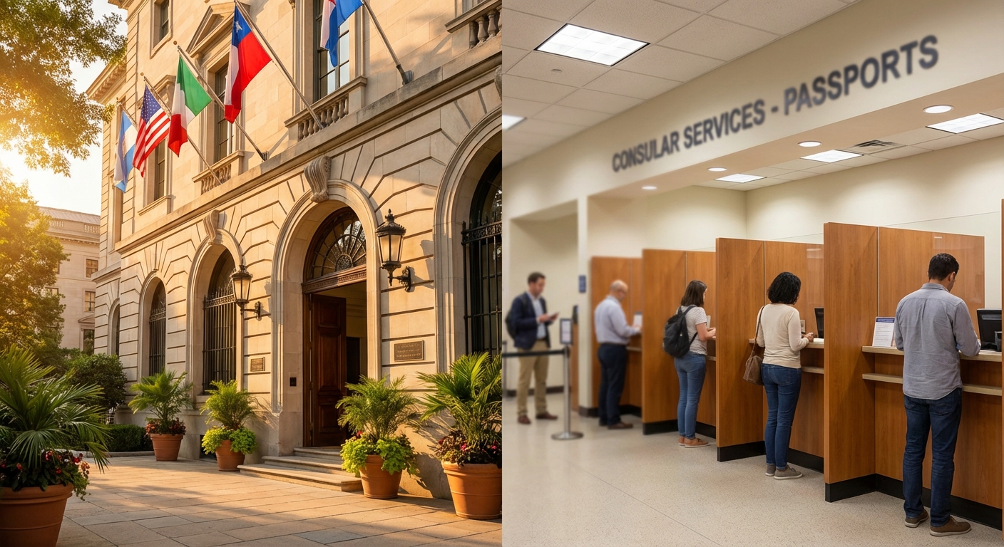 대사관 입구와 여권 발급 창구