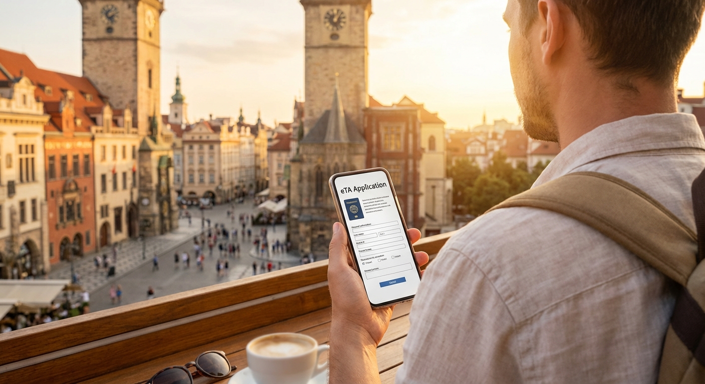 스마트폰으로 eTA 신청 화면을 보는 모습