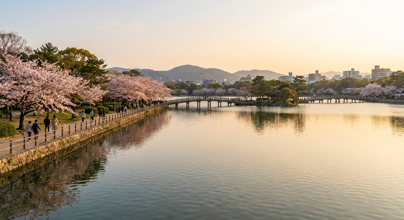 오호리 공원 호수와 산책로