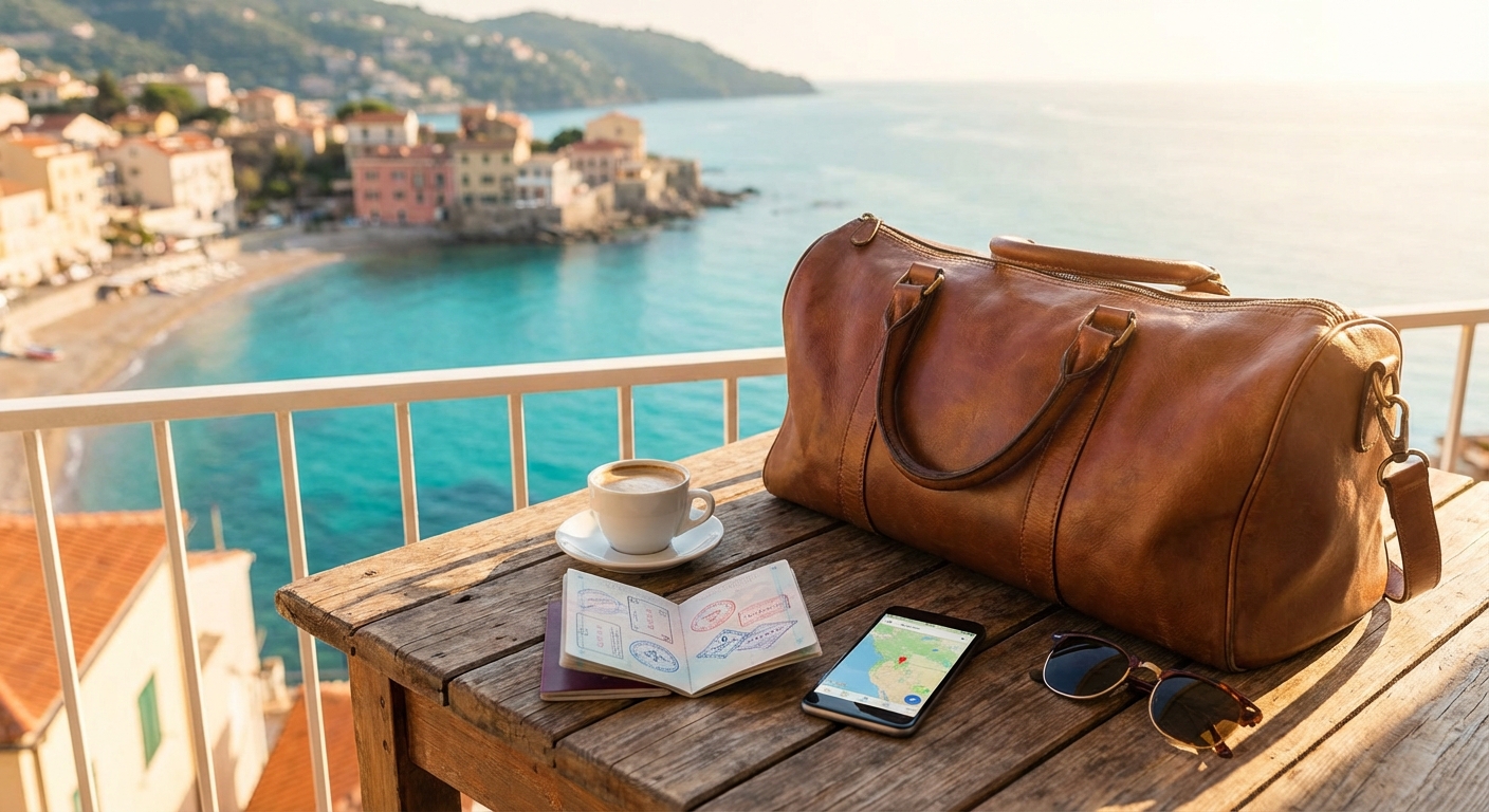 여행 가방과 여권, 스마트폰이 놓인 테이블