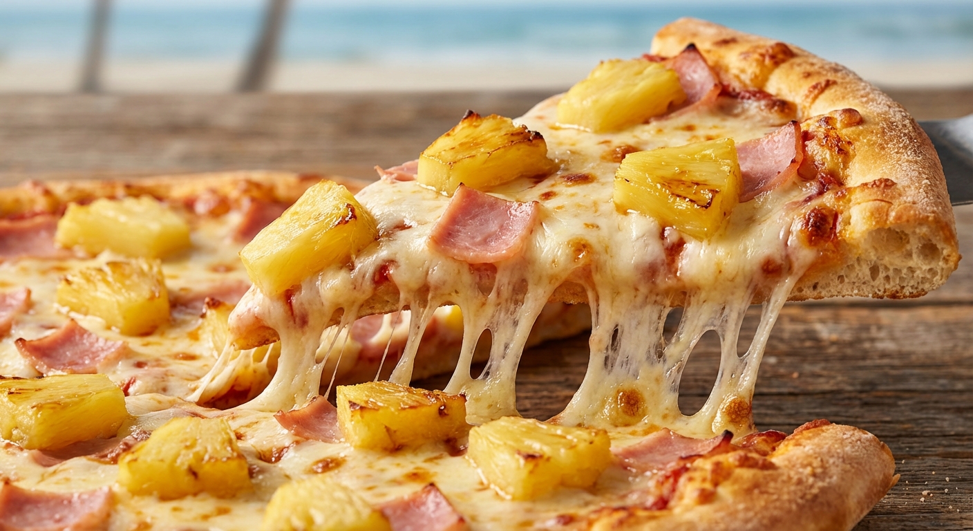 하와이안 피자 단면 클로즈업, 치즈 늘어나는 모습