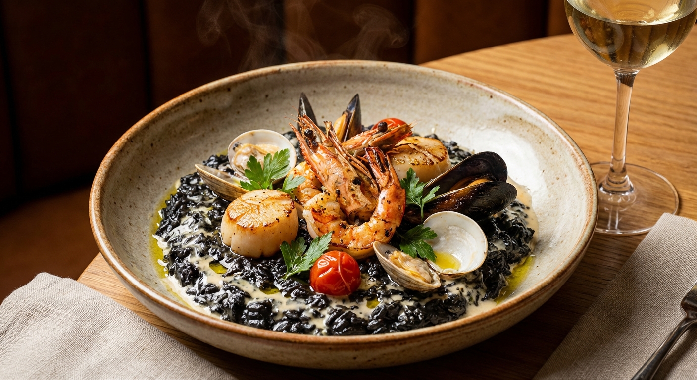 먹물 리조또와 해산물 토핑