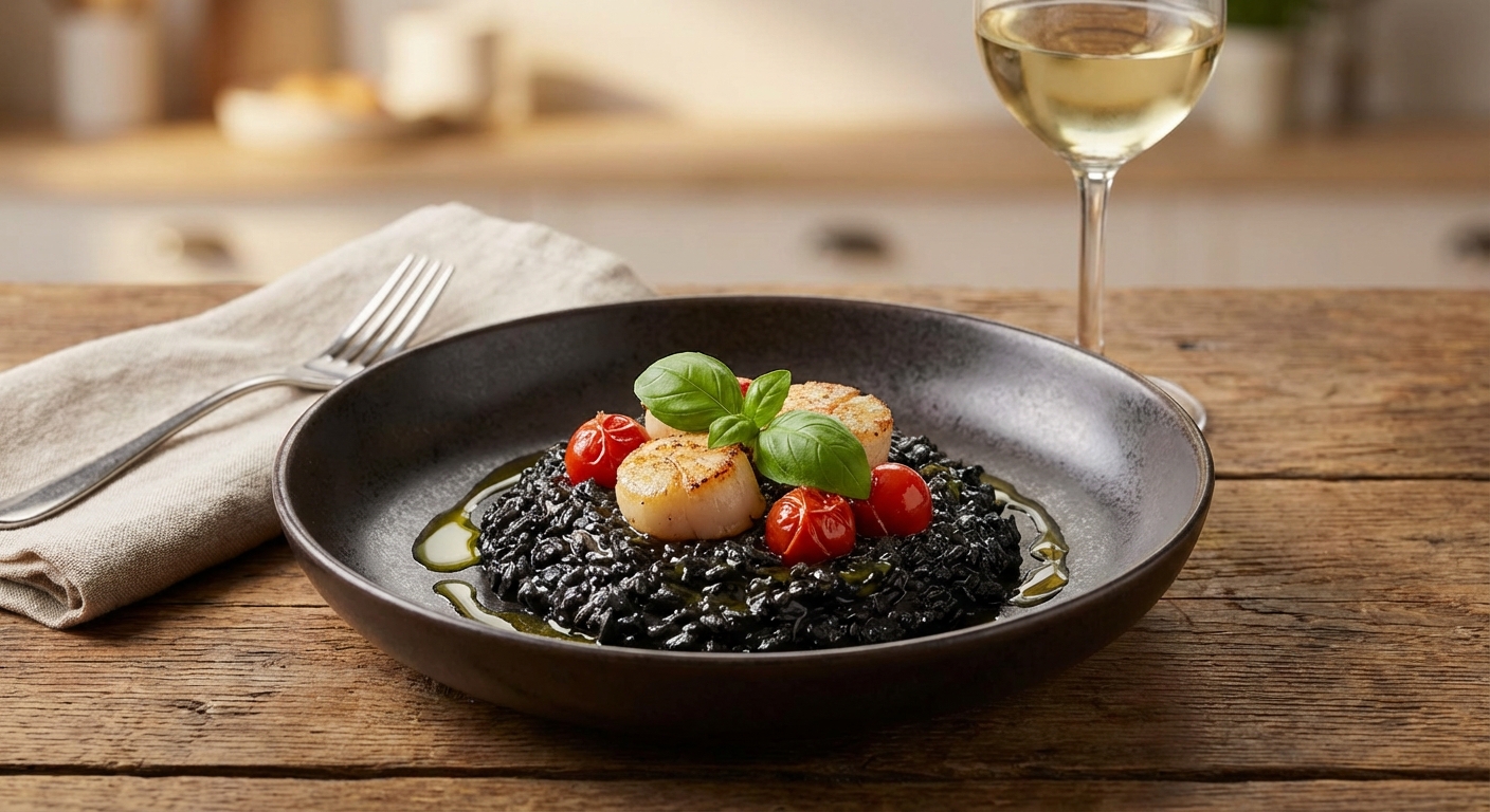 완성된 먹물 요리 플레이팅