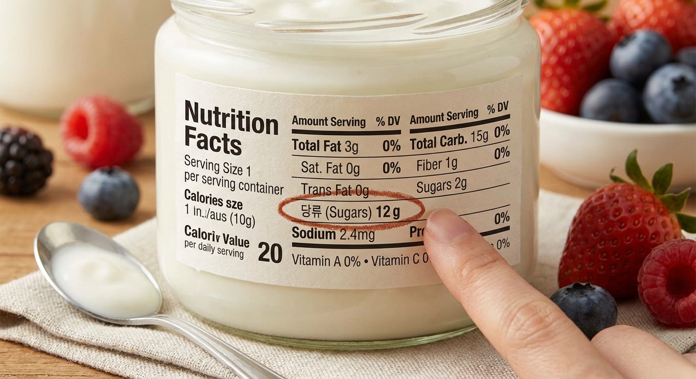 요거트 영양성분표 확대 사진, 당류 항목이 강조된 모습