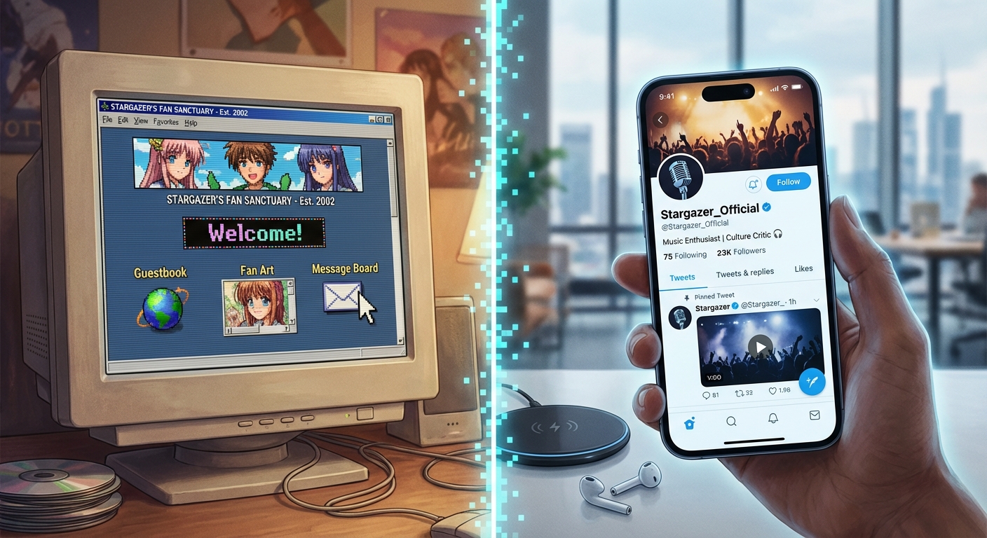 2000년대 초반 팬 홈페이지와 현재 트위터 계정 비교 화면