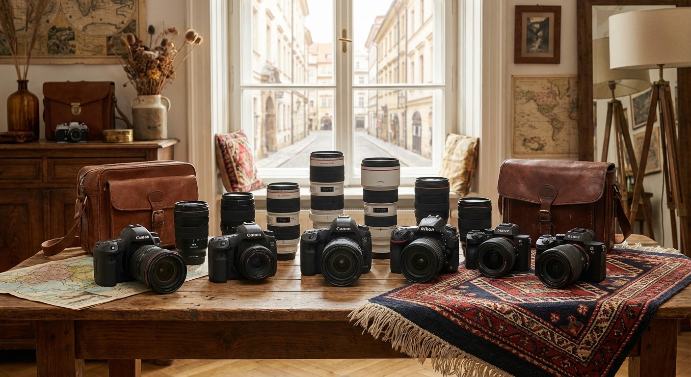 다양한 DSLR 카메라와 망원렌즈 장비