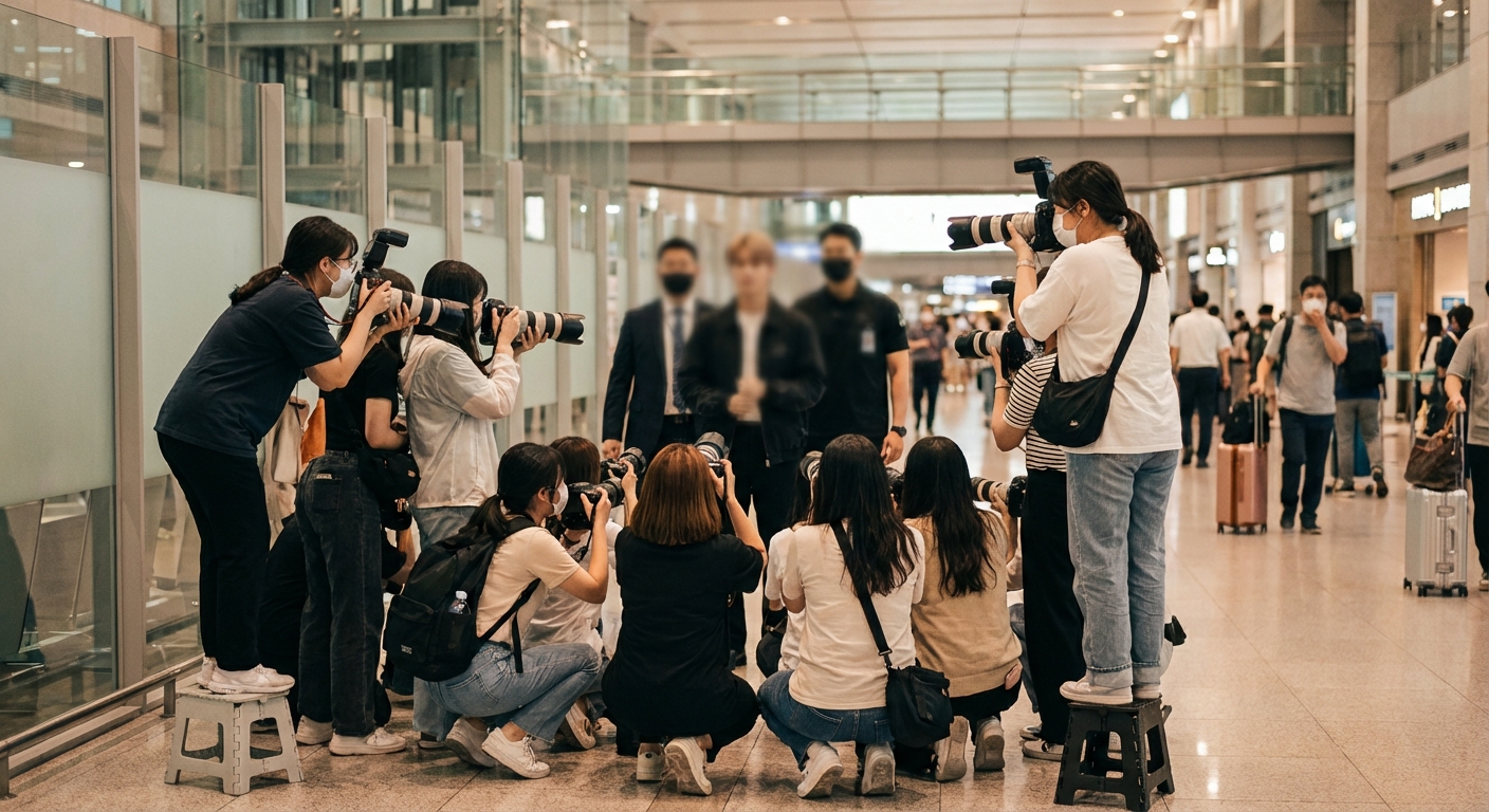 공항 출국장에서 아이돌을 촬영하는 홈마들의 모습