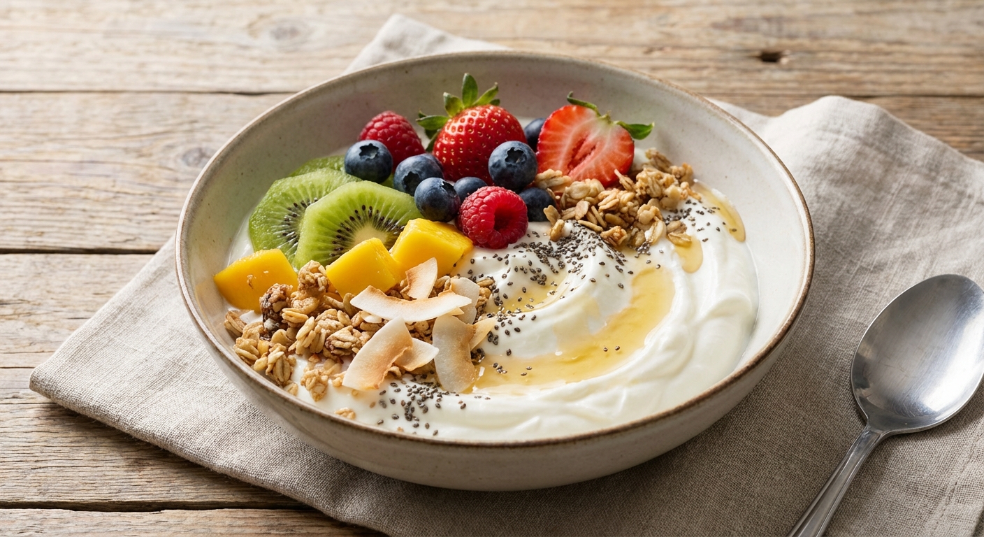 요거트 볼에 다양한 토핑이 색색으로 담긴 모습