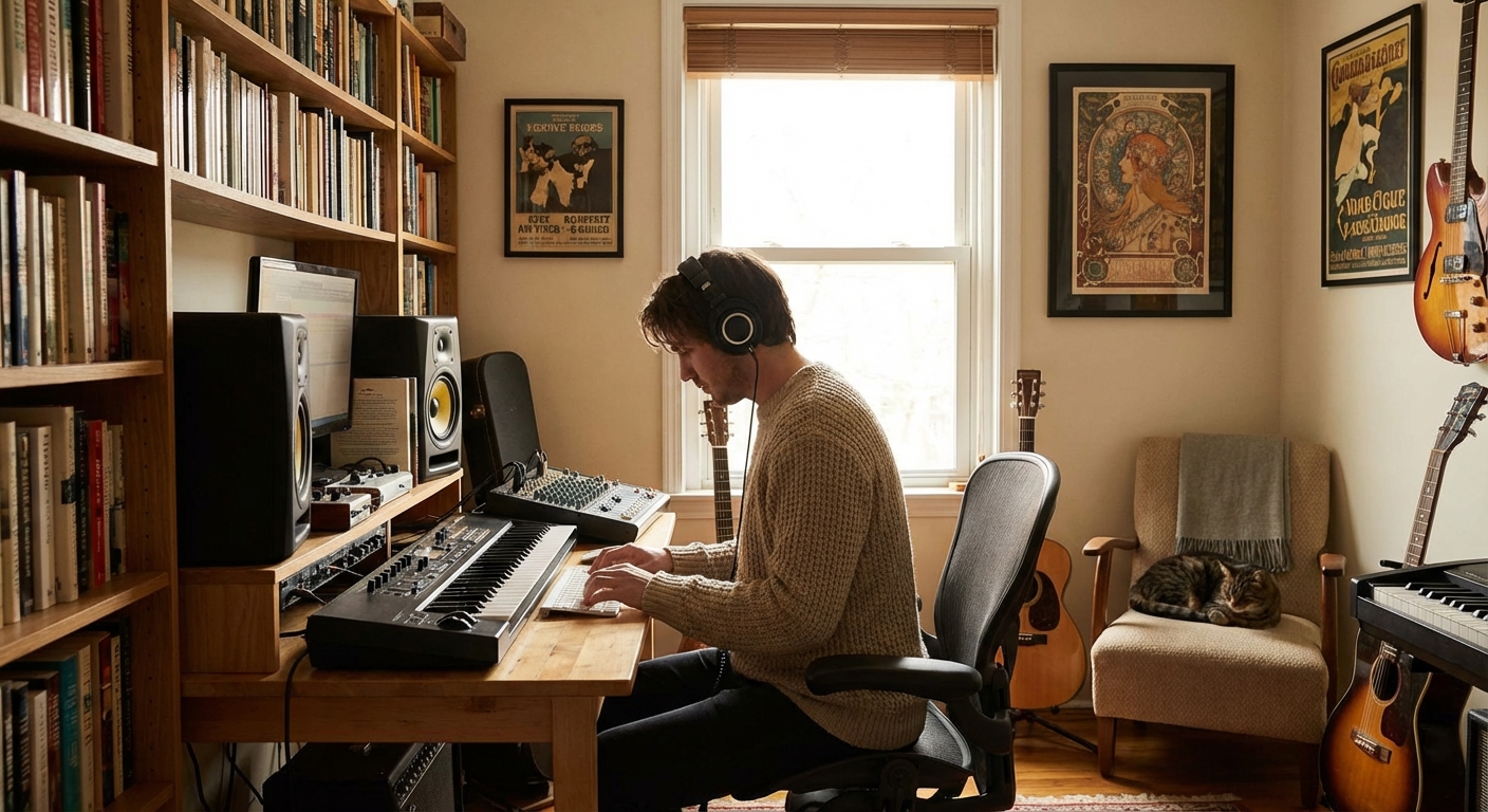 홈 스튜디오에서 작업하는 프로듀서