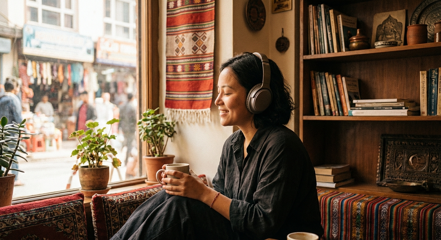 이어폰으로 음악을 듣는 사람