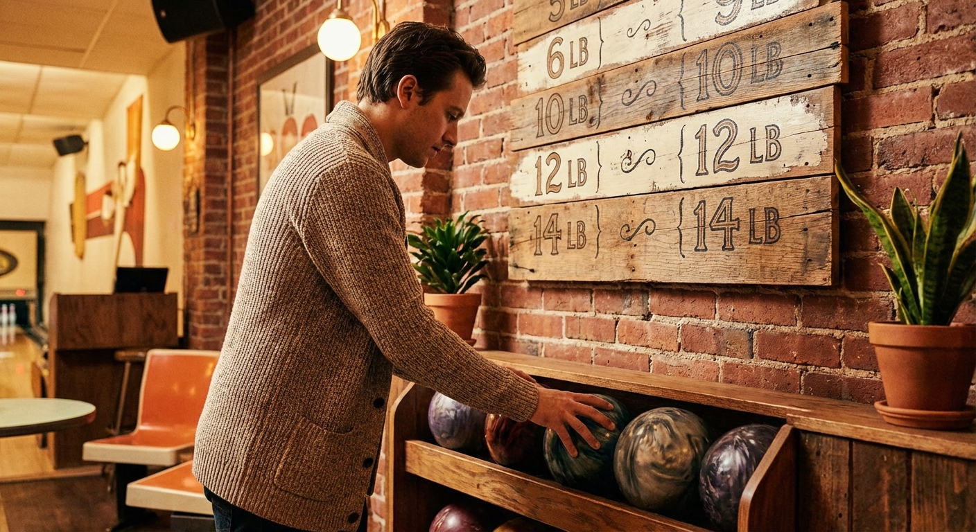 볼링공을 고르는 사람과 무게 표시 안내판