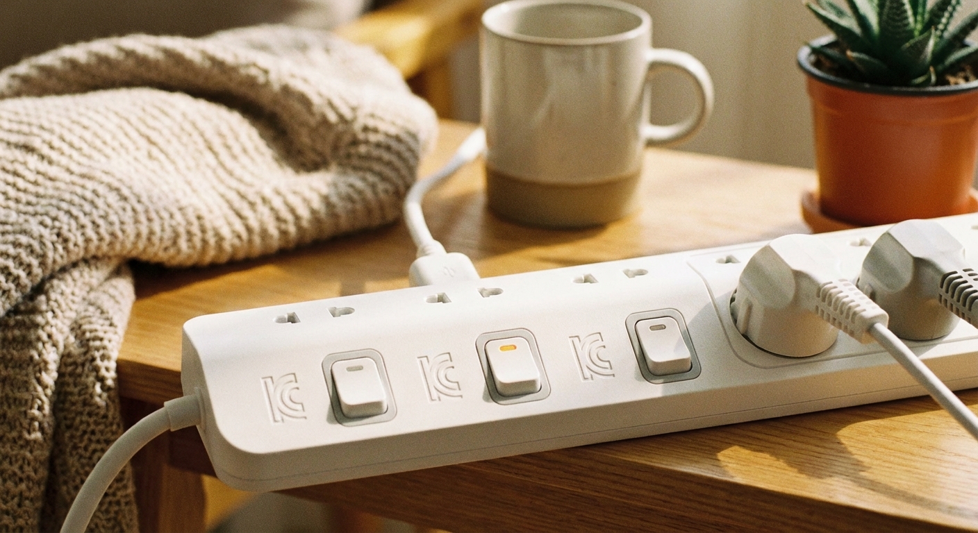 KC 인증 마크와 개별 스위치가 표시된 멀티탭 클로즈업