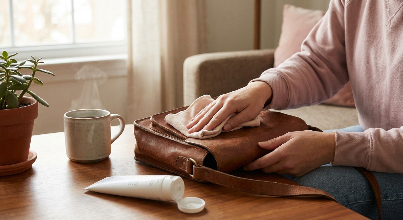 핸드크림으로 가죽 가방을 닦는 모습