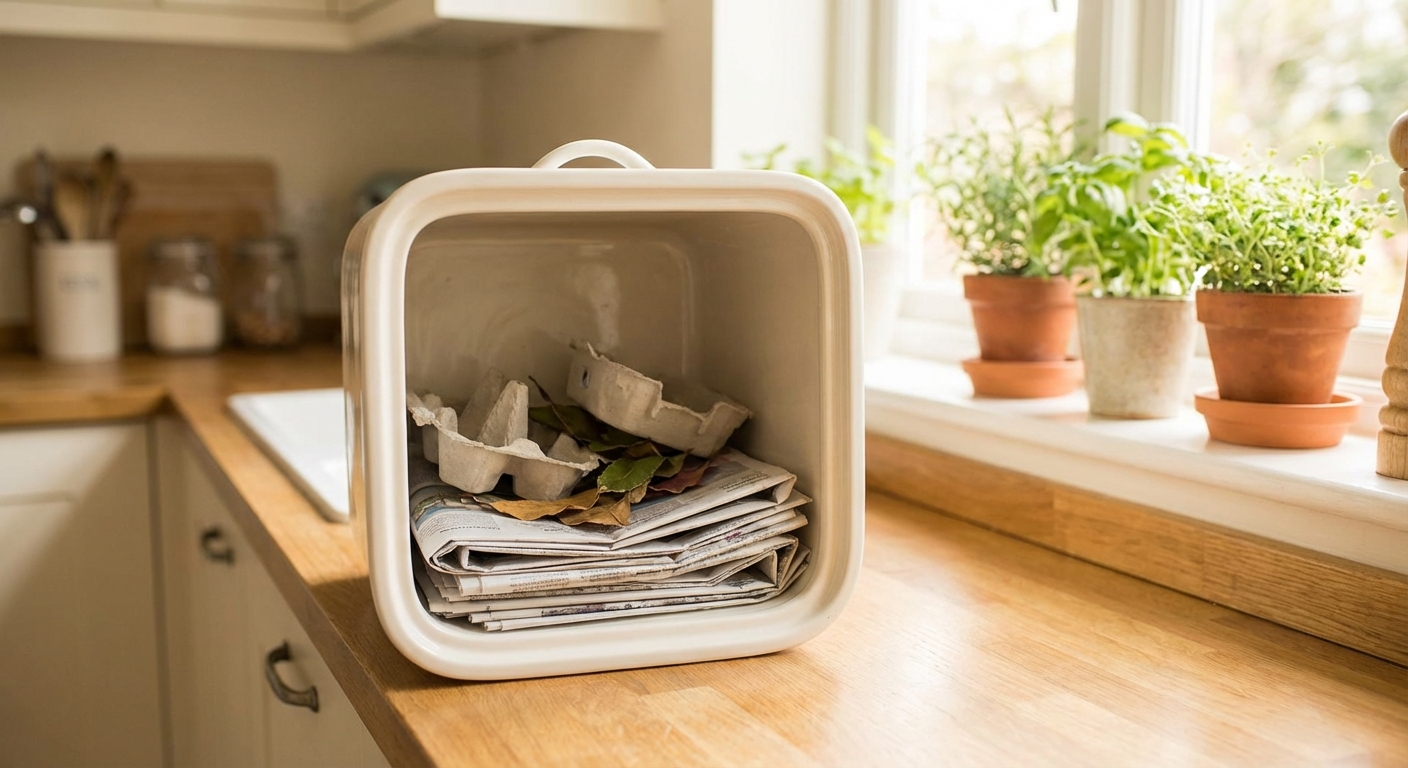 음식물 쓰레기통 바닥에 신문지를 깔아둔 모습