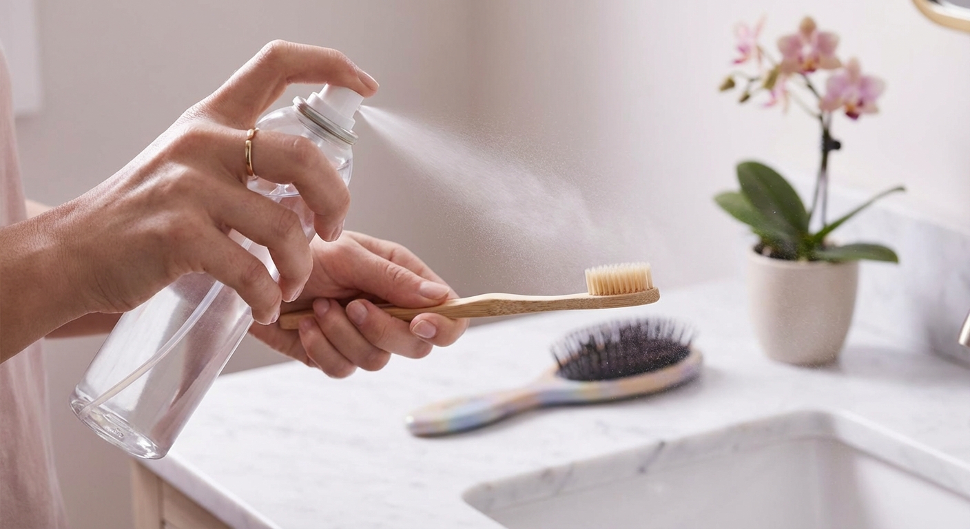 칫솔에 헤어스프레이를 뿌리는 모습