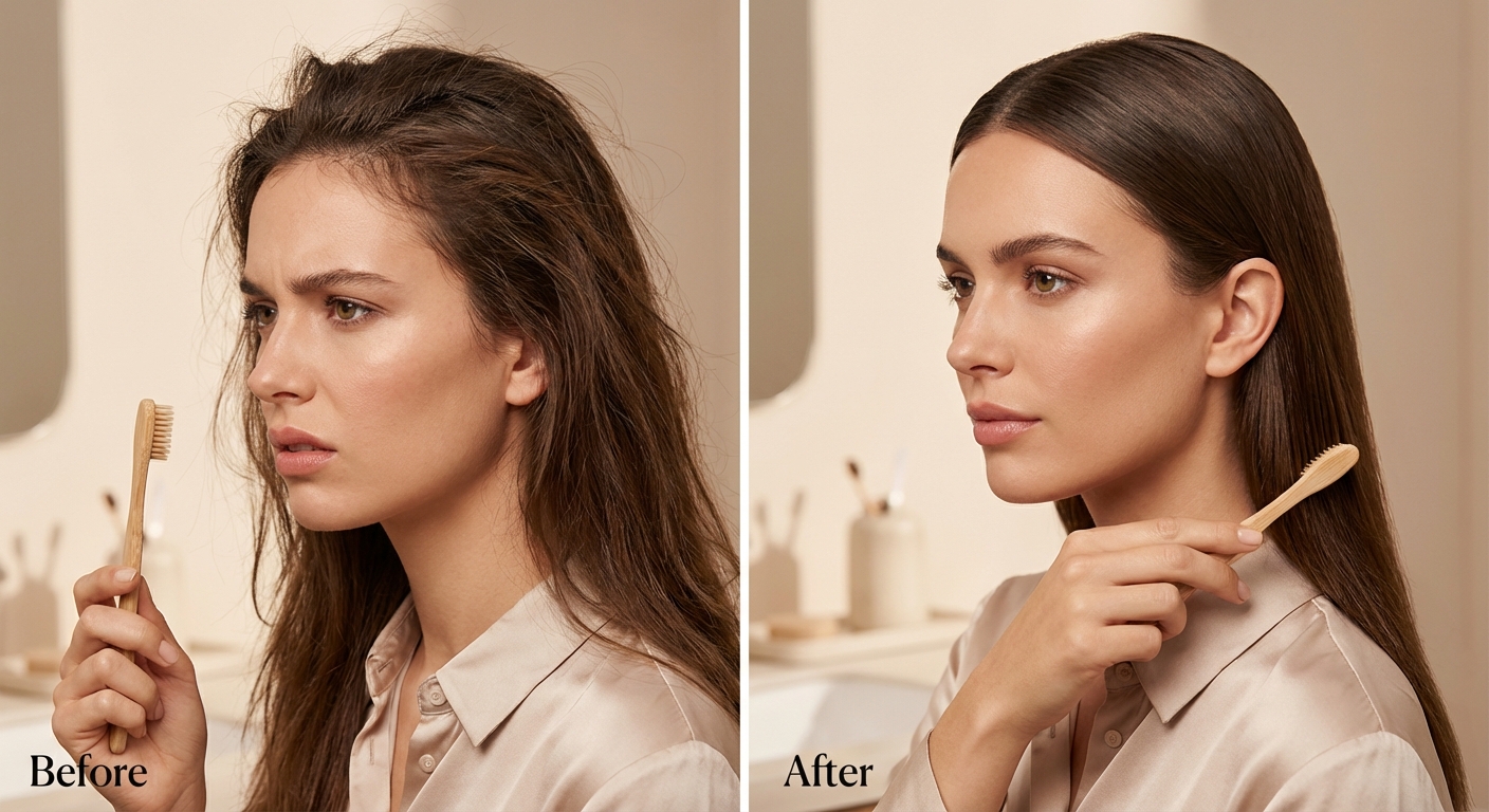 칫솔로 잔머리를 정리하는 비포 애프터 사진