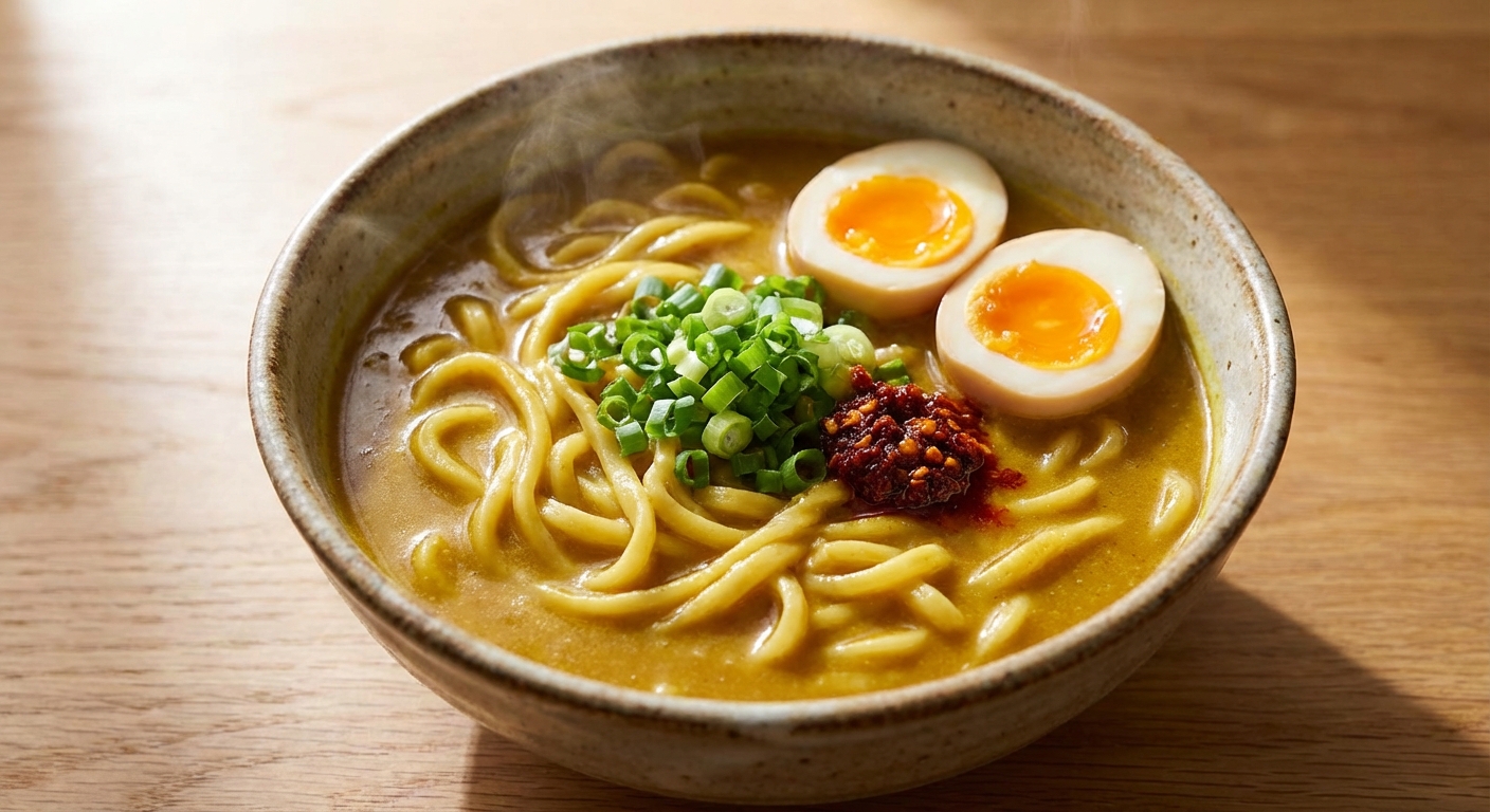 카레 라면의 노란 국물과 면발