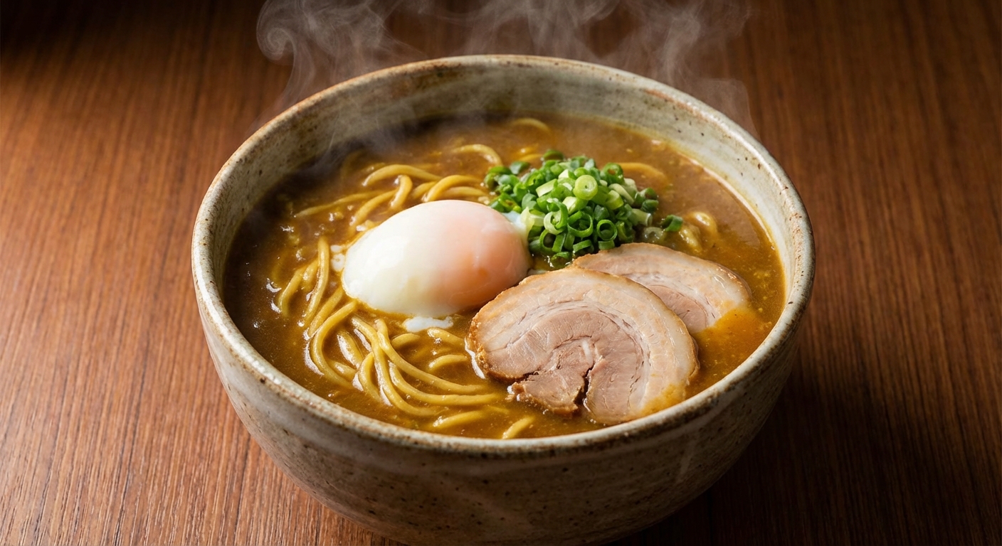 카레 라면에 계란과 파를 토핑한 완성 사진