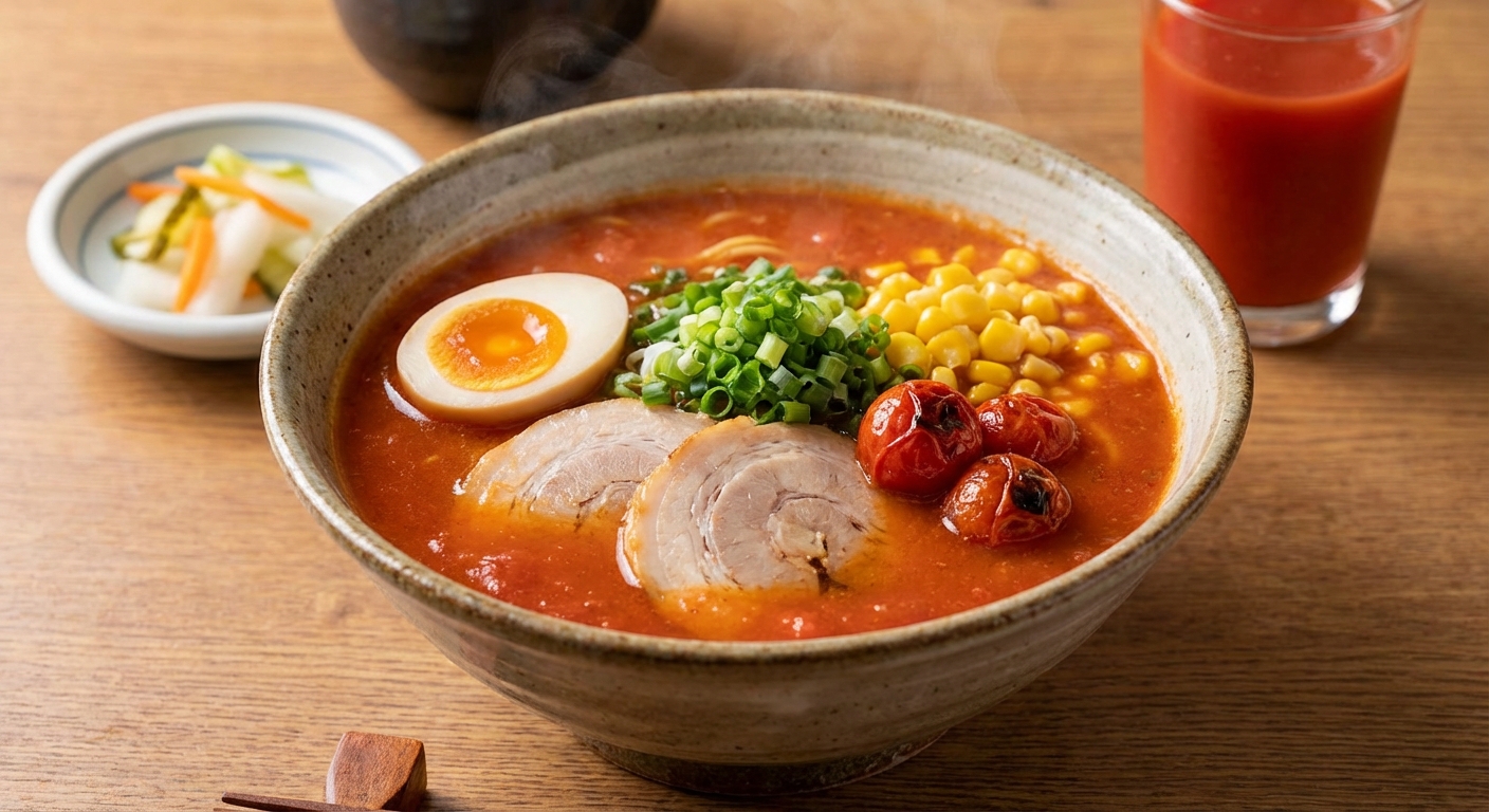 완성된 토마토 주스 라면 클로즈업