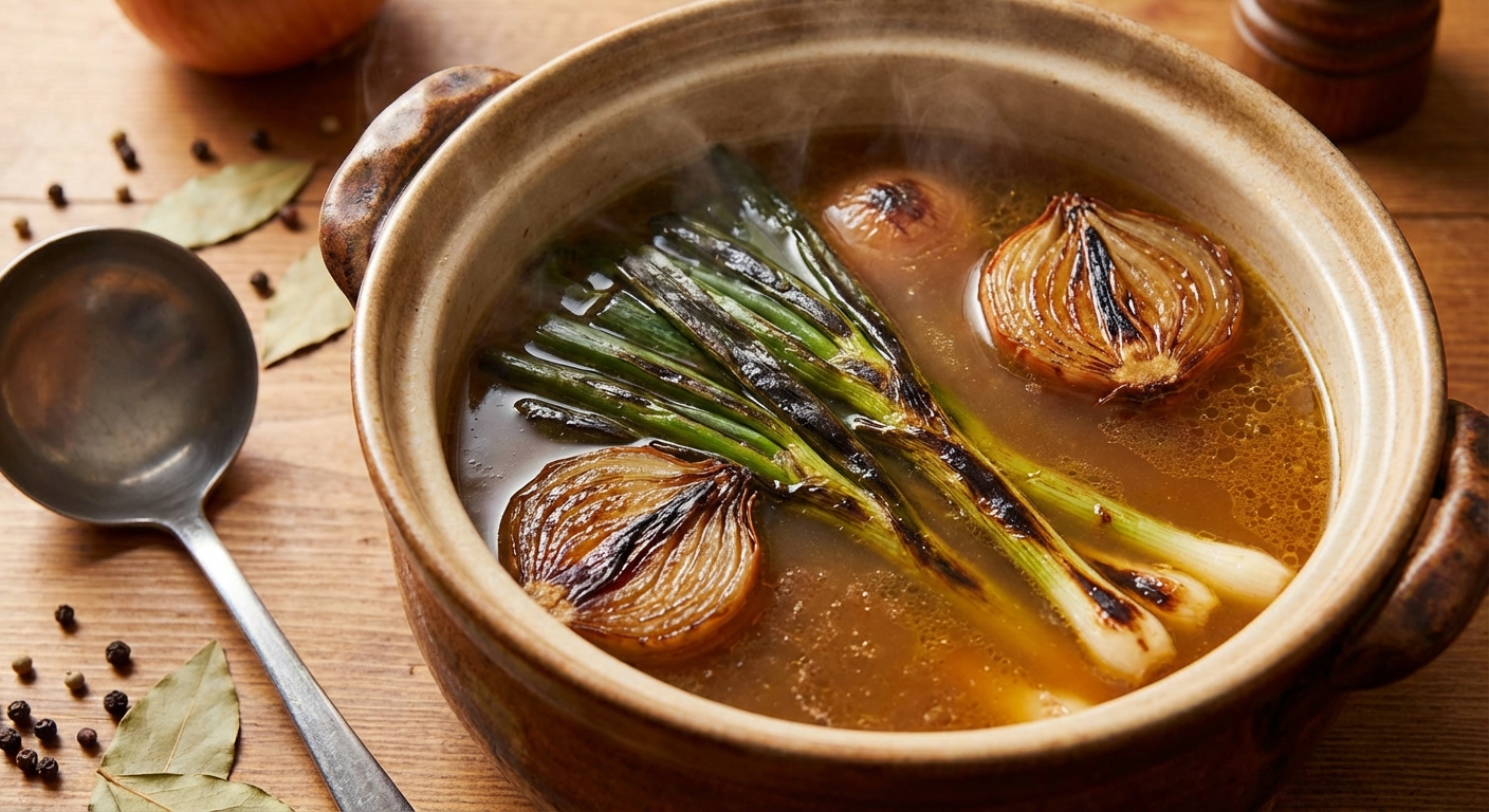 육수 냄비에 담긴 태운 파와 양파