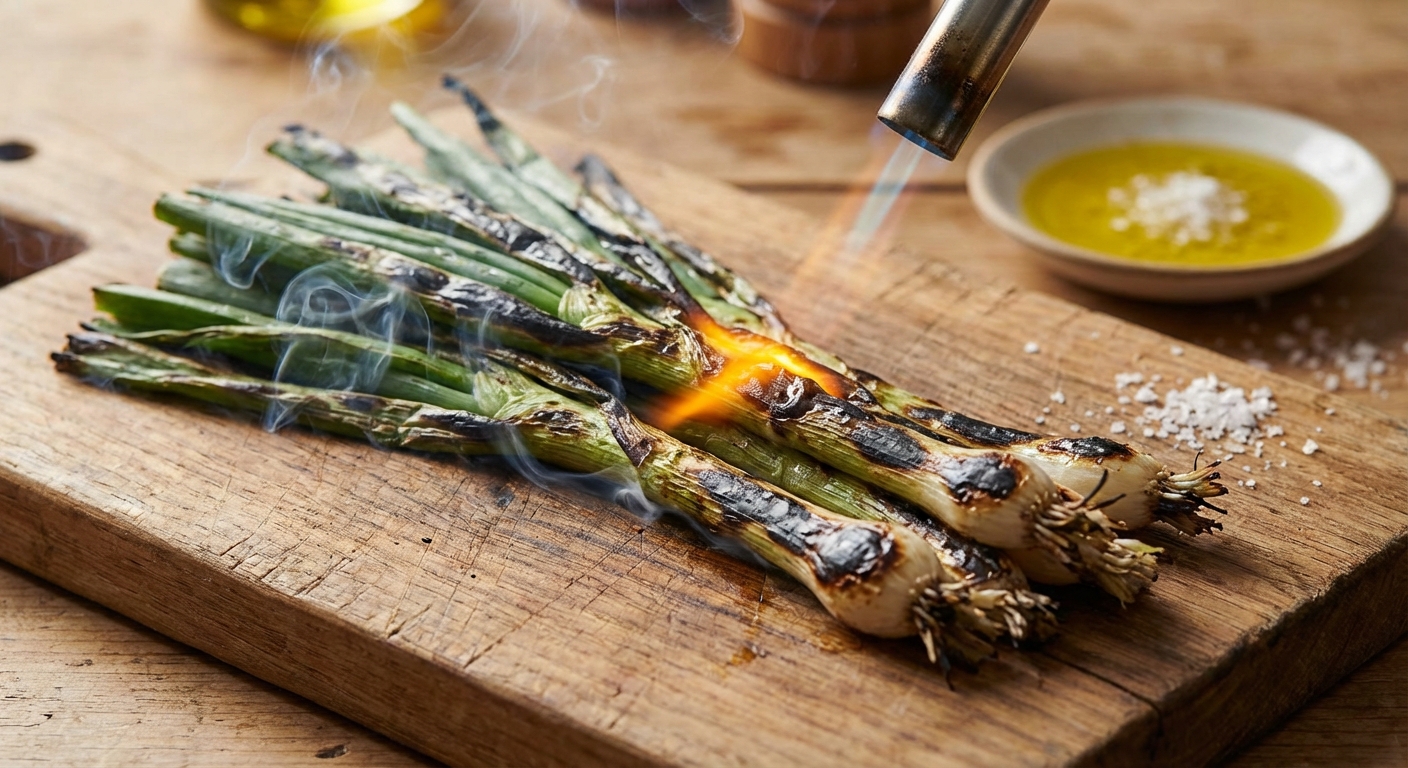 직화로 파 태우는 과정