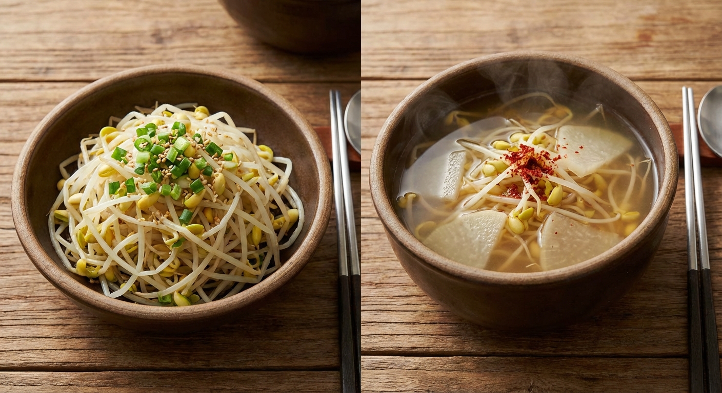 숙주나물 무침과 콩나물국 사진