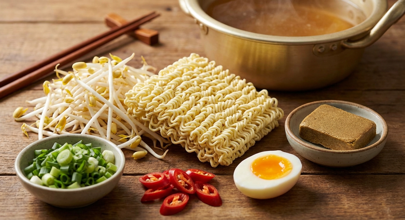 콩나물과 라면 재료가 함께 놓인 모습