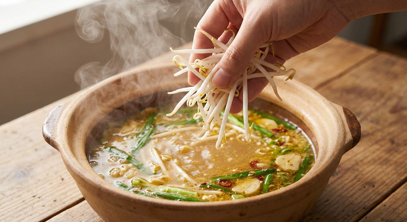 끓는 냄비에 콩나물을 넣는 장면