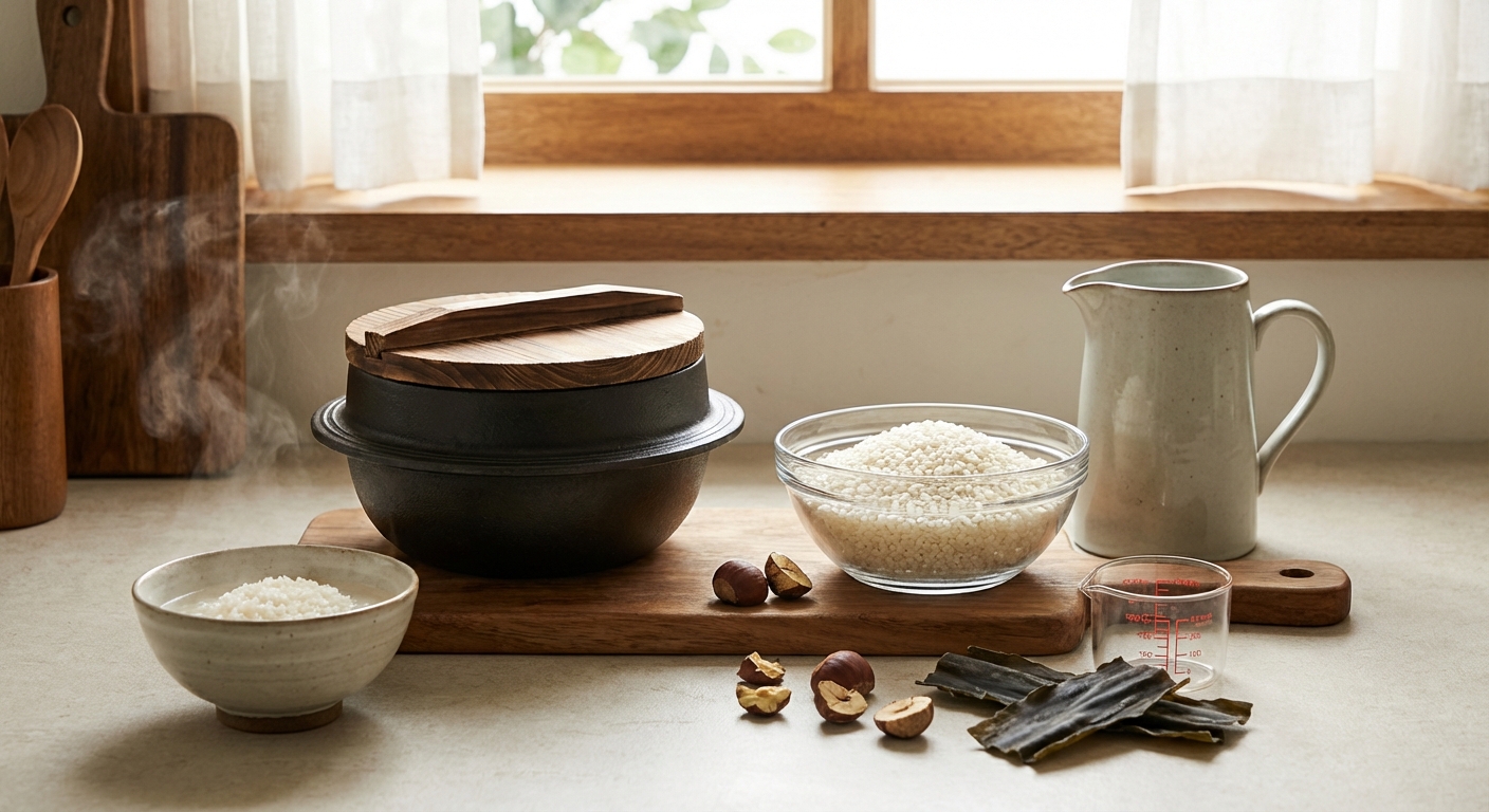 냄비밥 조리에 필요한 쌀, 물, 냄비 세팅