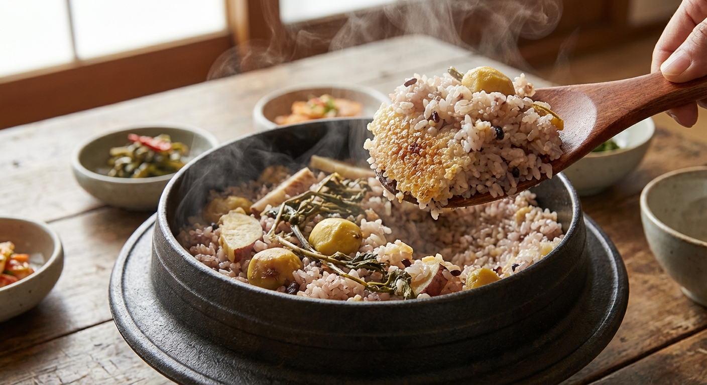 완성된 냄비밥을 주걱으로 살짝 뜬 모습