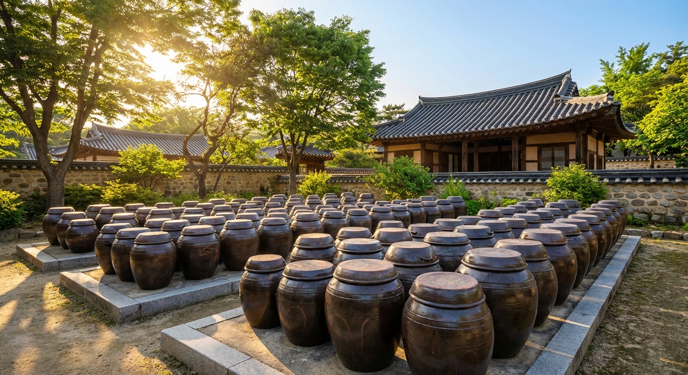햇빛 아래 정갈하게 정돈된 옹기 항아리들
