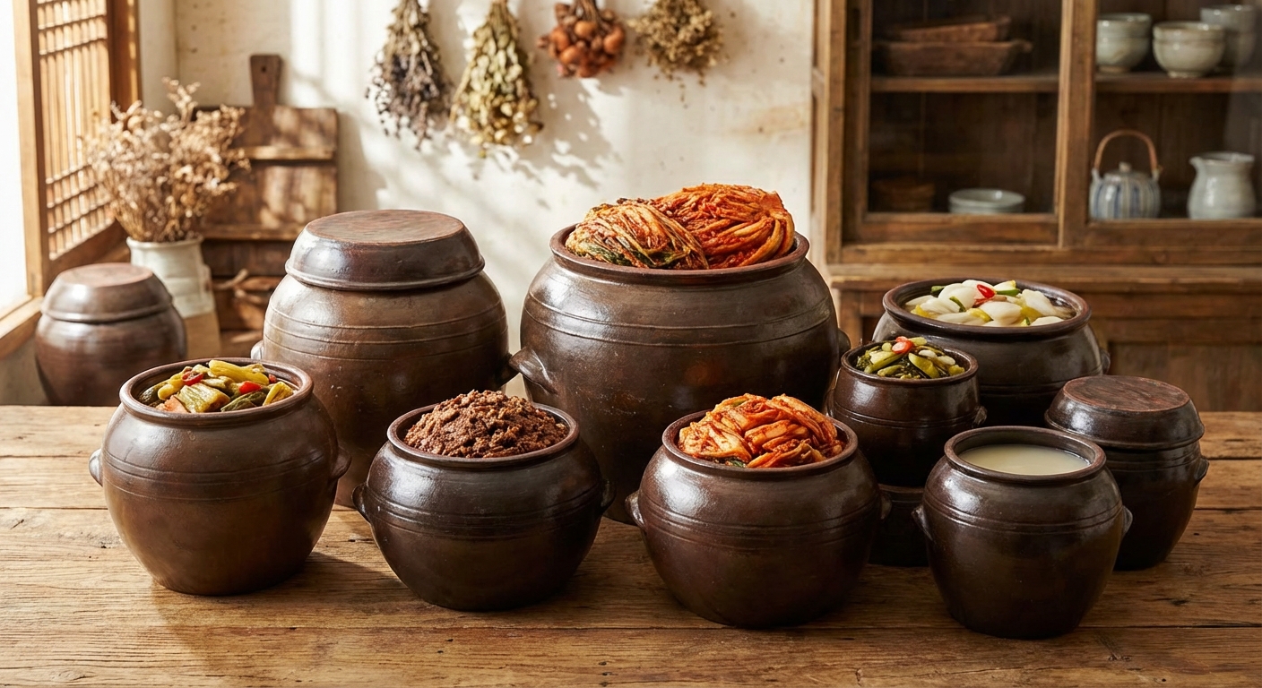 항아리에 담긴 다양한 발효 음식들