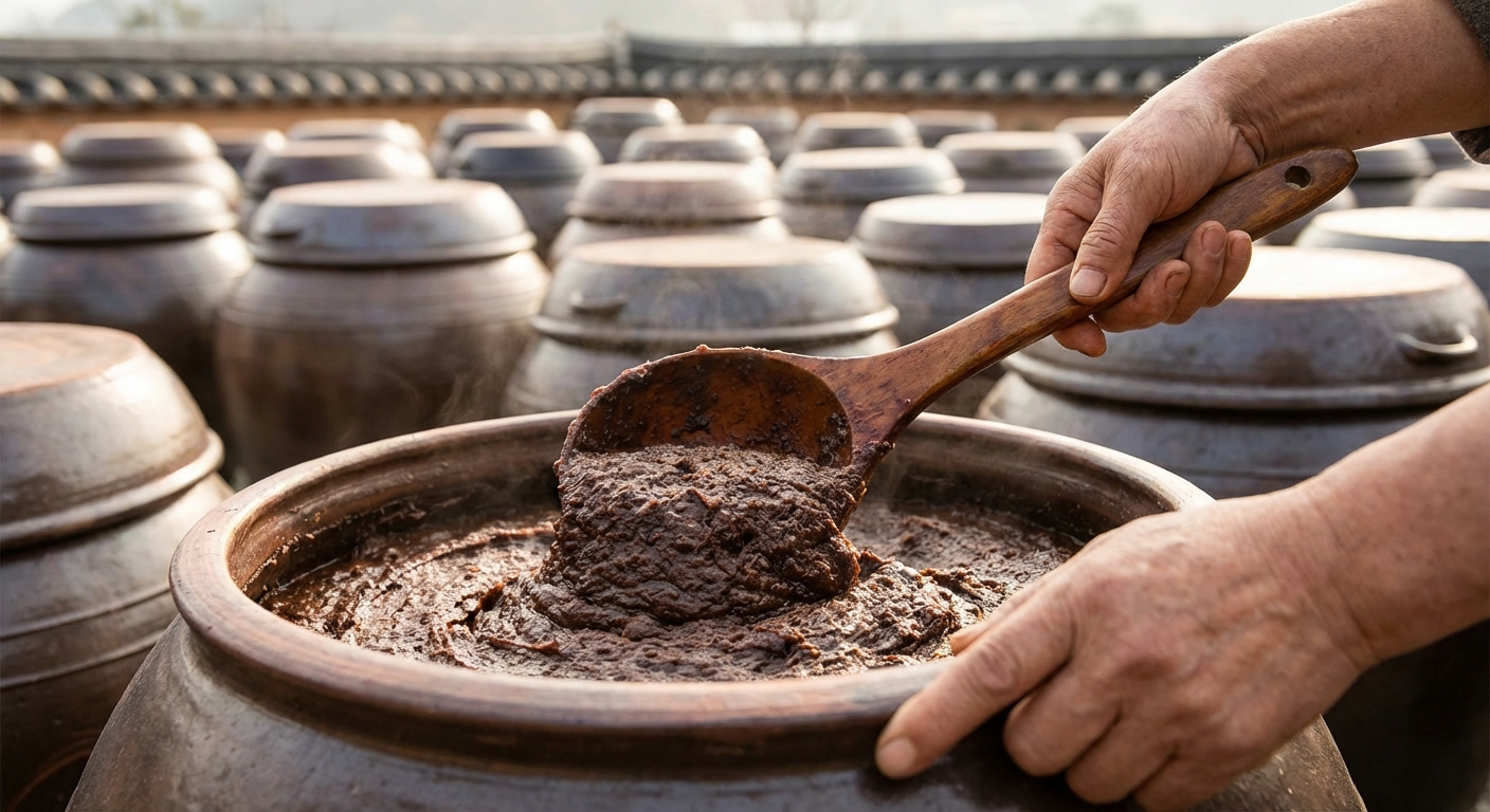 장독대 앞에서 장을 젓는 손 클로즈업