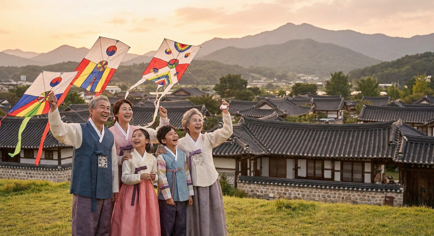 가족이 함께 연을 날리는 풍경