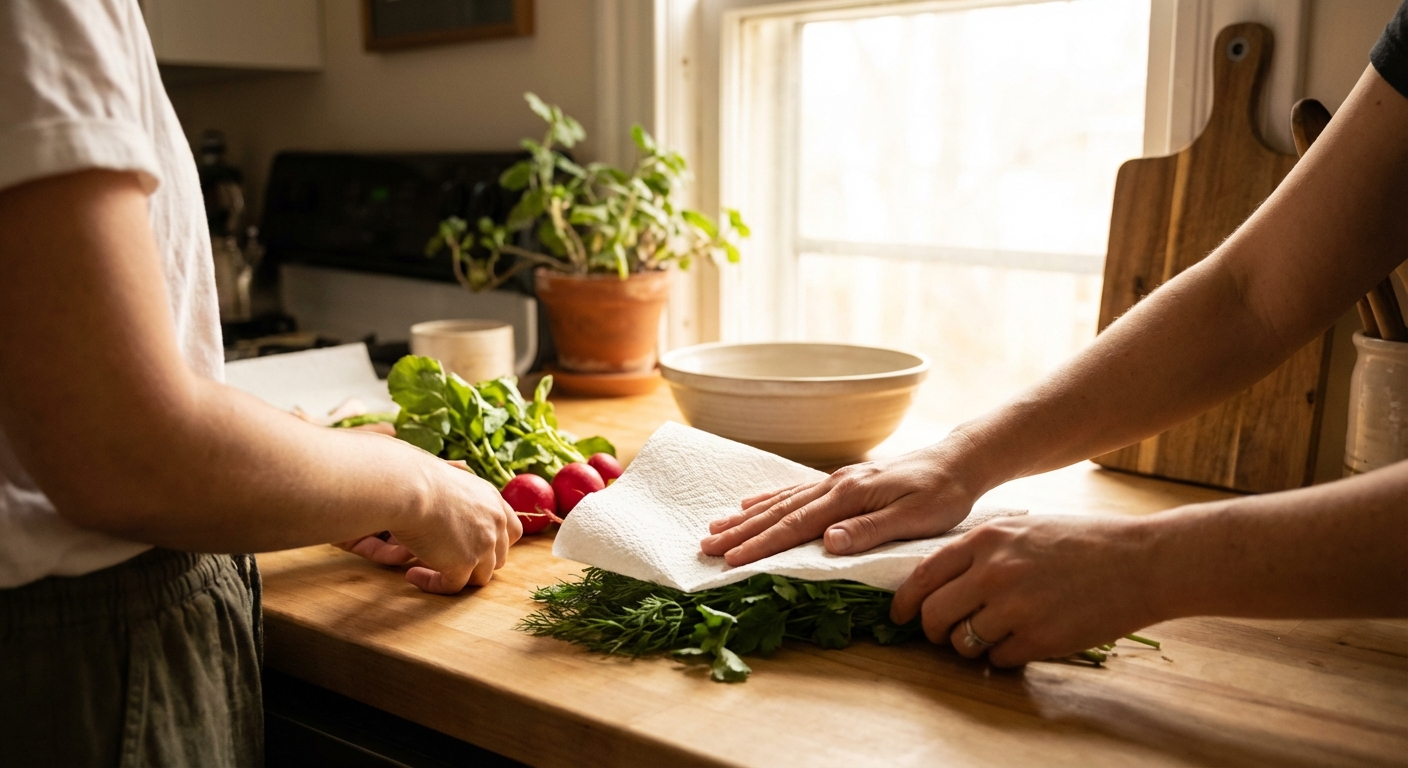 주방에서 키친타올로 야채 물기 제거하는 장면