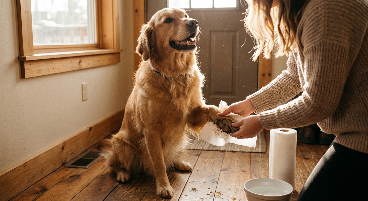 키친타올로 반려동물 발 닦는 모습