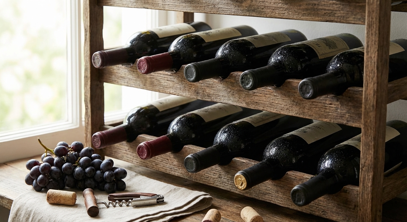 와인 랙과 눕혀진 와인 병들